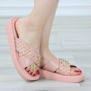 Pink Flat Sliders Sandals Slip On Faux Leather Gold Metal Stud Cross Over